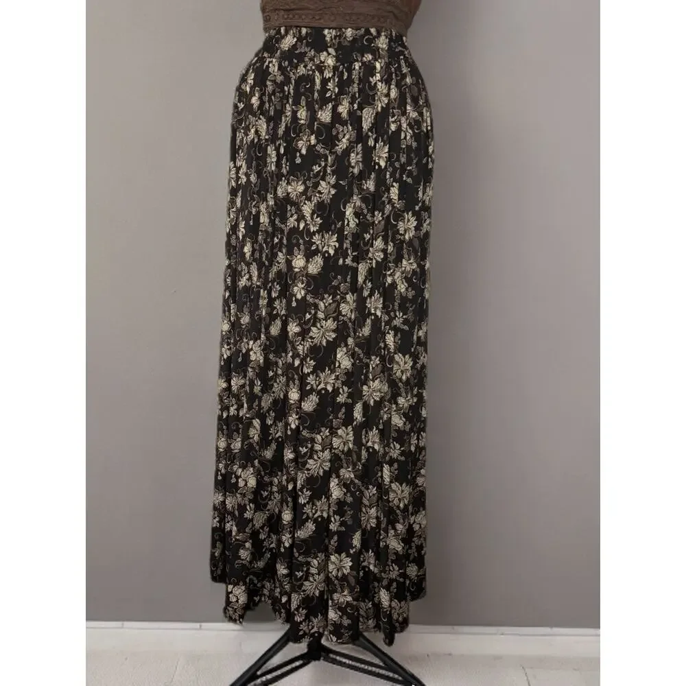 Vintage Jones New York Size 6 Black Taupe Floral Pleated Maxi Skirt Rayon